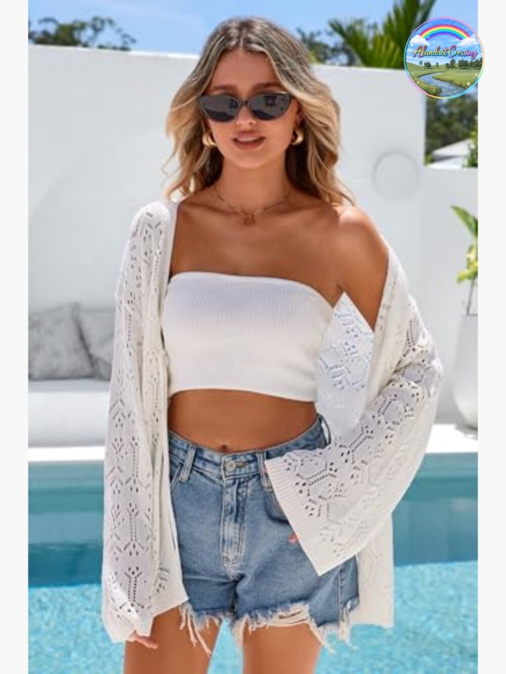 Women's Linen Blend Crochet Cardigan Lightweight Boho Cover Up Beach Resort Wear - Picture 4 of 6